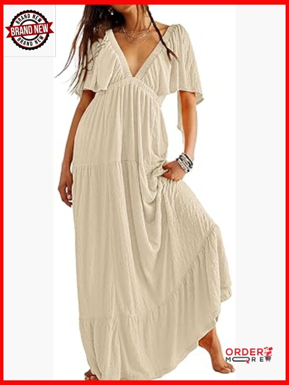 Sexy V-Neck Maxi Dress Tiered Flutter Sleeve Backless Elastic Waist Flowy